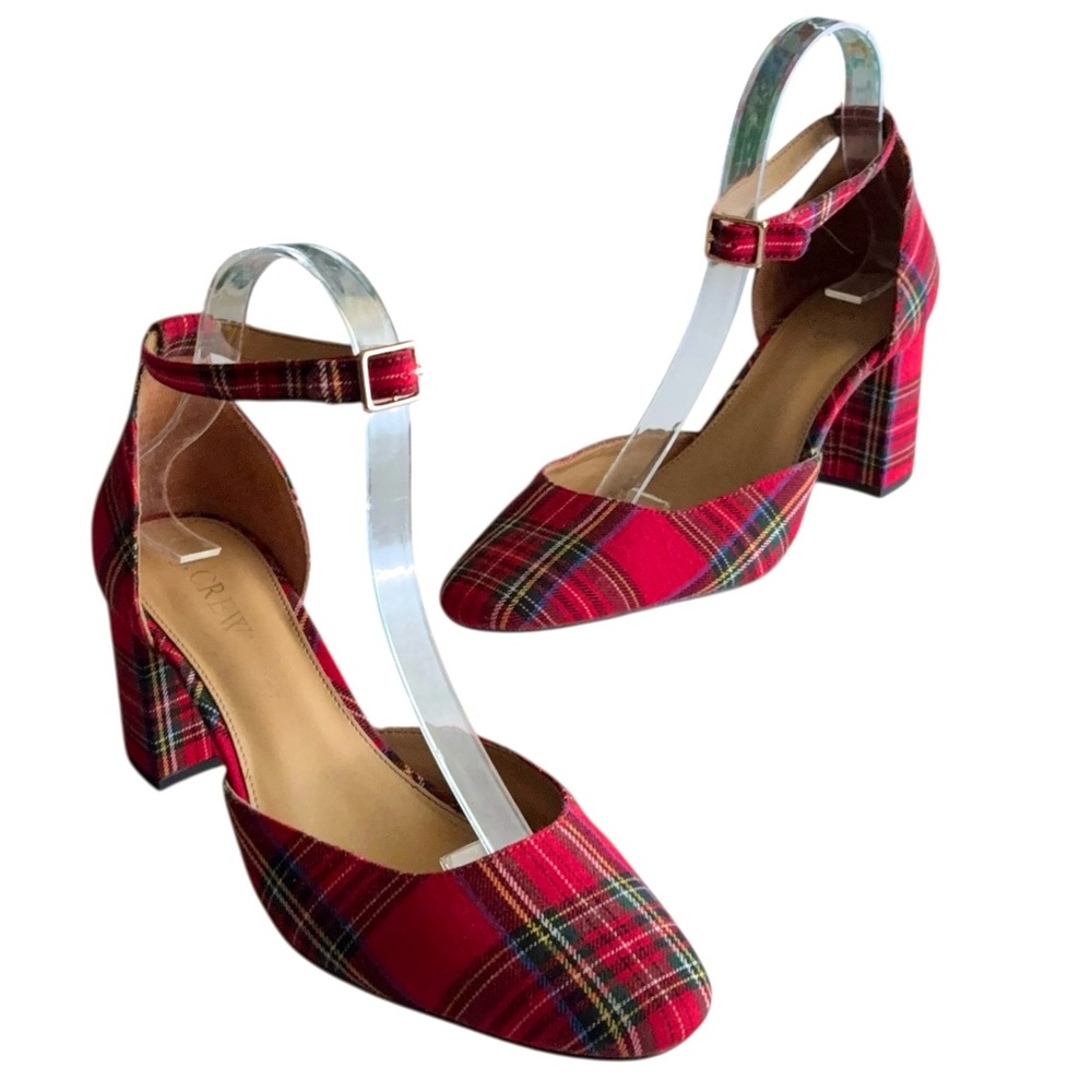 J Crew Stewart Tartan Plaid Pumps Size 7.5 Ankle Strap Block Heels Holiday Red
